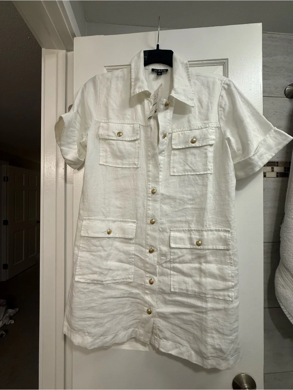 NWT J. Crew White Short-Sleeve Linen WhiteUtility Dress with Gold Buttons, Sz 10 - Picture 3 of 10